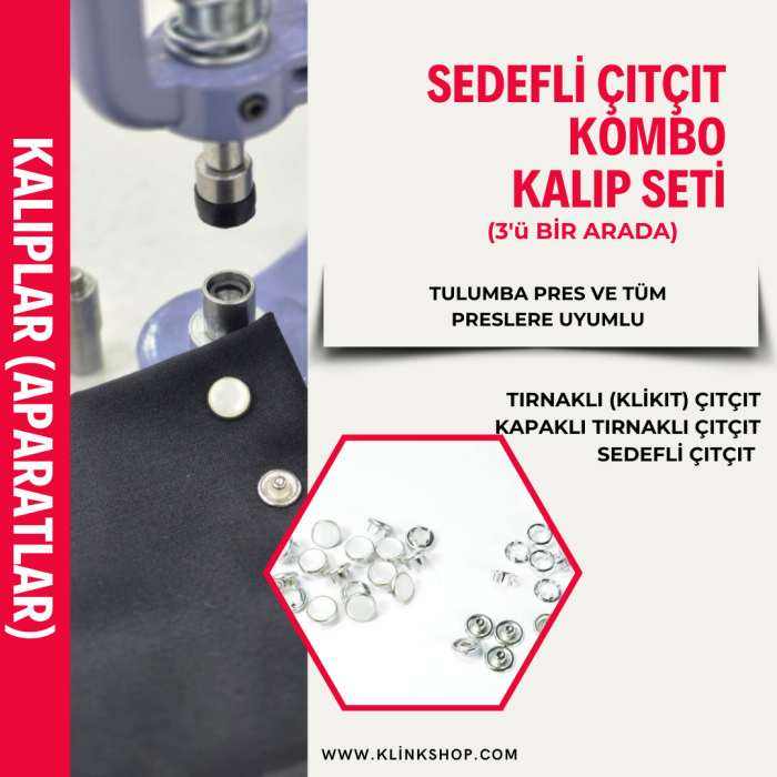  10,5 mm Delikli, Sedefli, Kapaklı Klikıt Çıtçıt İçin Pres Makinesine uygun KOMBO APARAT SETİ - 1